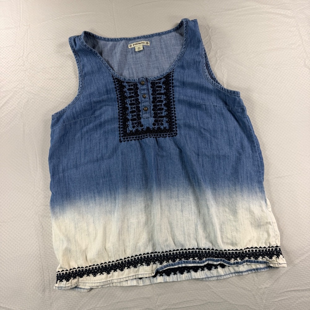 RuffHewn Dip Dye Embroidered Tank Top Medium Blue Cream Boho Sleeveless Henly